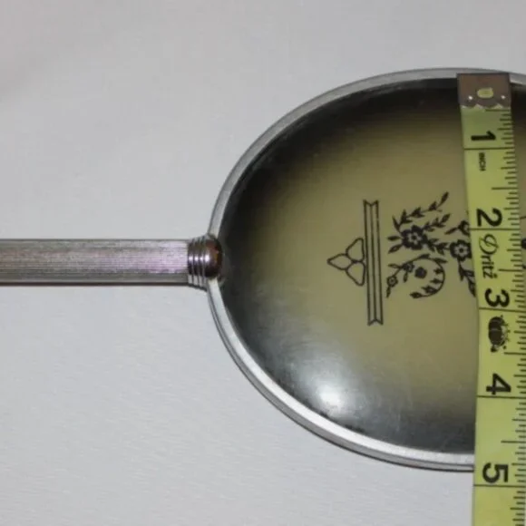 Vintage Hand Mirror Green Back 12.5 x 4.75 Inches Silver Tone Handle Art Deco - Picture 3 of 6